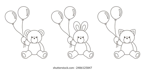 A vector illustration set of cute bear, rabbit and cat stuffed animals holding balloons. Icons, balloons, animals