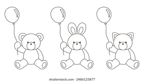 A vector illustration set of cute bear, rabbit and cat stuffed animals holding balloons. Icons, balloons, animals