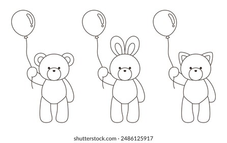 A vector illustration set of cute bear, rabbit and cat stuffed animals holding balloons. Icons, balloons, animals