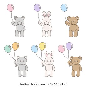 A vector illustration set of cute bear, rabbit and cat stuffed animals holding balloons. Icons, balloons, animals