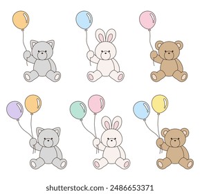 A vector illustration set of cute bear, rabbit and cat stuffed animals holding balloons. Icons, balloons, animals