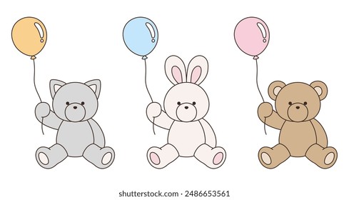 A vector illustration set of cute bear, rabbit and cat stuffed animals holding balloons. Icons, balloons, animals