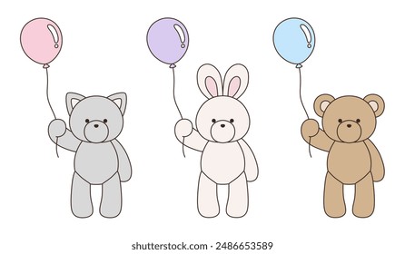 A vector illustration set of cute bear, rabbit and cat stuffed animals holding balloons. Icons, balloons, animals