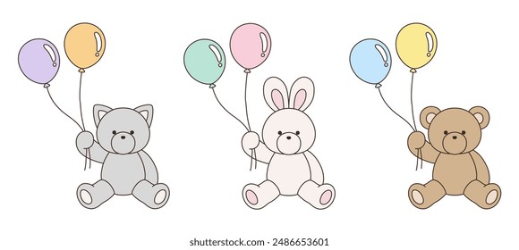 A vector illustration set of cute bear, rabbit and cat stuffed animals holding balloons. Icons, balloons, animals