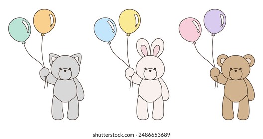 A vector illustration set of cute bear, rabbit and cat stuffed animals holding balloons. Icons, balloons, animals