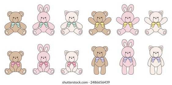 Vector illustration set of cute bear, rabbit and cat stuffed animals with ribbons