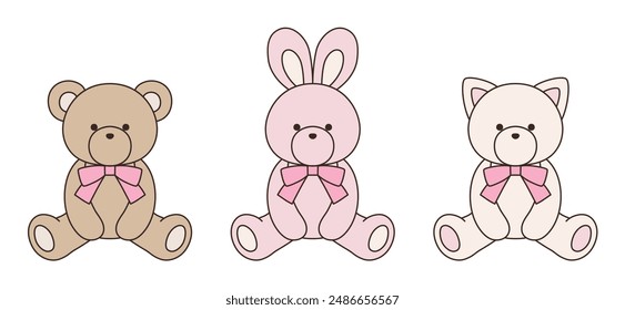 Vector illustration set of cute bear, rabbit and cat stuffed animals with ribbons