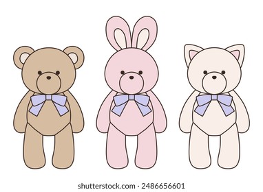 Vector illustration set of cute bear, rabbit and cat stuffed animals with ribbons