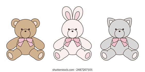 Vector illustration set of cute bear, rabbit and cat stuffed animals with ribbons