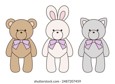 Vector illustration set of cute bear, rabbit and cat stuffed animals with ribbons