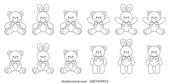 Vector illustration set of cute bear, rabbit and cat stuffed animals with ribbons