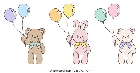 Vector illustration set of cute bear, rabbit and cat stuffed animals with ribbons. Icon, balloon