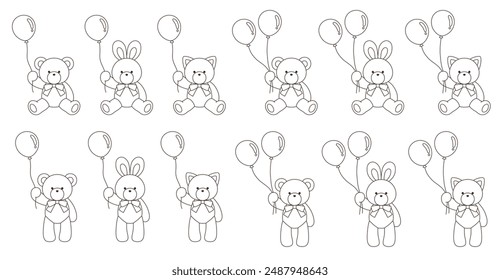 Vector illustration set of cute bear, rabbit and cat stuffed animals with ribbons. Icon, balloon