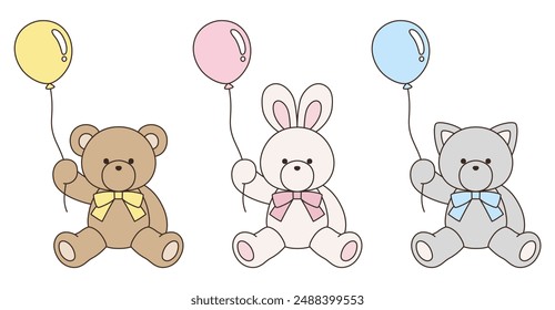 Vector illustration set of cute bear, rabbit and cat stuffed animals with ribbons. Icon, balloon