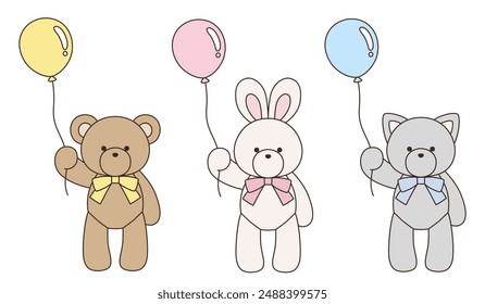 Vector illustration set of cute bear, rabbit and cat stuffed animals with ribbons. Icon, balloon