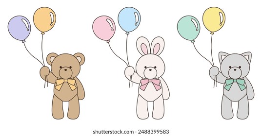 Vector illustration set of cute bear, rabbit and cat stuffed animals with ribbons. Icon, balloon