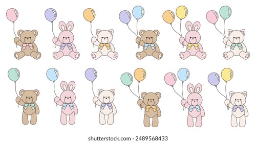 Vector illustration set of cute bear, rabbit and cat stuffed animals with ribbons. Icon, balloon