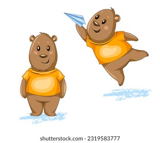 Vector illustration set of cute bears in orange t-shirt, with a paper plane in flight