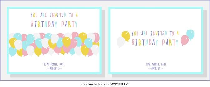 Ilustración vectorial del conjunto de adorables tarjetas de invitación de cumpleaños coloridos globos pastel sobre fondo blanco. concepto de diseño mínimo.