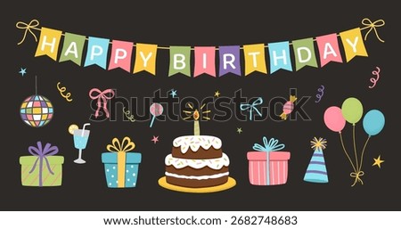 Vector illustration set of cute birthday party elements. Banner, cake, gifts, balloons, disco ball, and sweets in a modern flat hand drawn style on a dark background. For stickers, greeting cards, inv