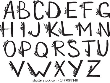 Vector illustration set of a cute black letter alphabet with sprigs and berries. Hand drawn isolated on a white background.