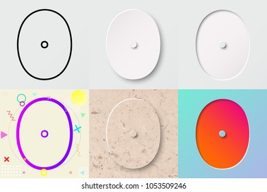 vector illustration set of cute bold rounded number zero lettering with outline, 3d paper cut, embossing, neo memphis, kraft paper, summer sunset sky gradient effect with transparent shadow