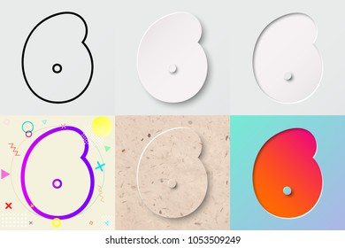 vector illustration set of cute bold rounded number six lettering with outline, 3d paper cut, embossing, neo memphis, kraft paper, summer sunset sky gradient effect with transparent shadow