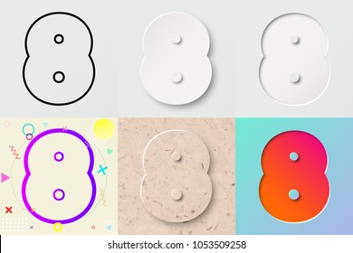 vector illustration set of cute bold rounded number eight lettering with outline, 3d paper cut, embossing, neo memphis, kraft paper, summer sunset sky gradient effect with transparent shadow
