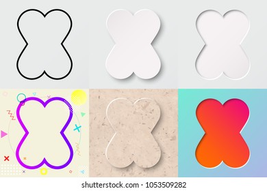 vector illustration set of cute bold rounded letter x with outline, 3d paper cut, embossing, neo memphis, kraft paper, summer sunset sky gradient effect with transparent shadow