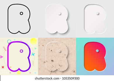 vector illustration set of cute bold rounded letter r with outline, 3d paper cut, embossing, neo memphis, kraft paper, summer sunset sky gradient effect with transparent shadow