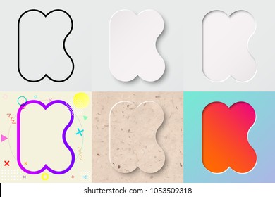 vector illustration set of cute bold rounded letter k with outline, 3d paper cut, embossing, neo memphis, kraft paper, summer sunset sky gradient effect with transparent shadow