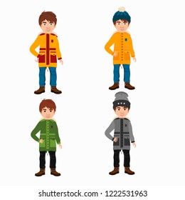 Vector illustration set cute boys wearing jeans,  parka and winter cap isolated on white  background. 