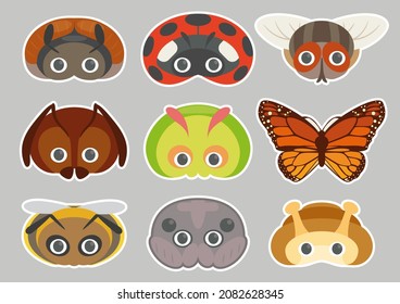 Vector illustration set of cute bugs. Collection of animal masks for children.