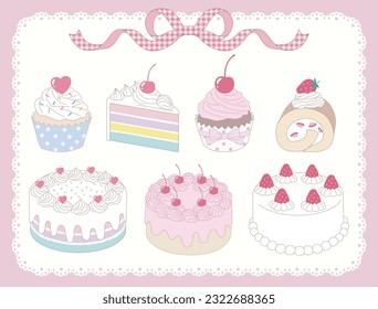 Vector illustration set of cute cakes using whipped cream, strawberries and cherries