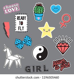 Vector illustration, set of cute cartoon patches, chevrons, badges for girl, elements for fashion clothes design, smileys, lettering power to girls,ready to fly,  more patches in my portfolio