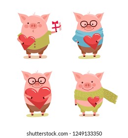 Vector illustration set of cute cartoon pigs. Symbol of the new year 2019 for web, site, greeting card, valentine day poster