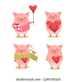 Vector illustration set of cute cartoon pigs. Symbol of the new year 2019 for web, site, greeting card, valentine day poster