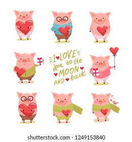 Vector illustration set of cute cartoon pigs. Symbol of the new year 2019 for web, site, greeting card, valentine day poster