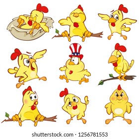 Vector illustration of a set of cute cartoon yellow chickens 