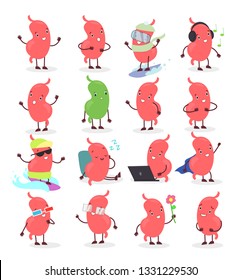 Vector illustration set of cute cartoon stomach emoji. stomach in different positions and emotions collection isolated on white background in flat cartoon style.