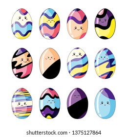 Vector illustration of set of cute cartoon easter eggs in rainbow colors in style kawaii isolated on white background. Elements of season spring design in bright modern colors