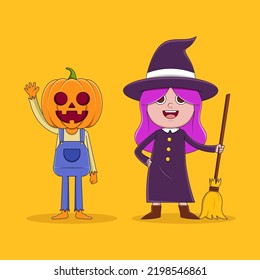 Vector illustration of a set of cute cartoon characters of witch and pumpkin man on the theme of halloween night on a yellow background