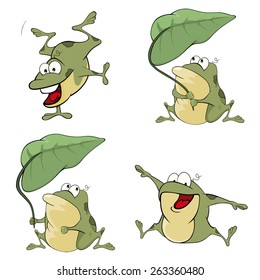 Vector illustration of a set of cute cartoon green frogs