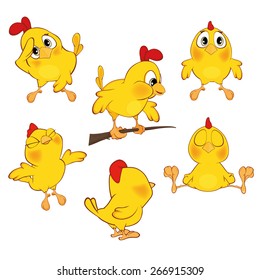 Vector illustration of a set of cute cartoon yellow chickens 