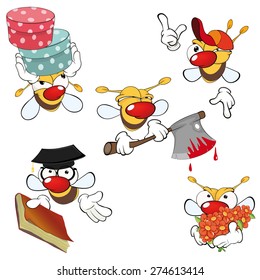 Vector illustration of a set of cute cartoon yellow bees