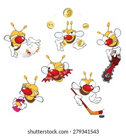 Vector illustration of a set of cute cartoon yellow bees