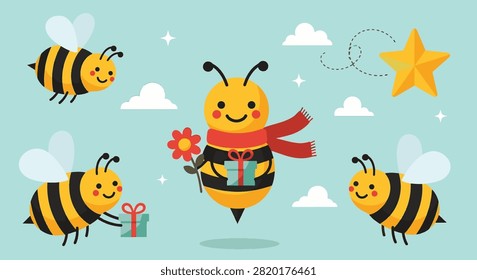 Vector illustration set of cute cartoon honey bees in a holiday theme, featuring a bee with a red scarf holding a gift and flower, plus flying bees and clouds on a blue background.