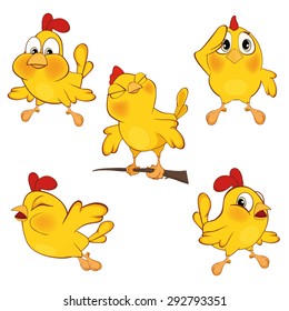 Vector illustration of a set of cute cartoon yellow chickens 