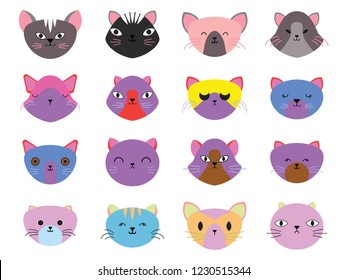 Vector illustration set of cute cats heads.Animals emotions.Facial expressions.