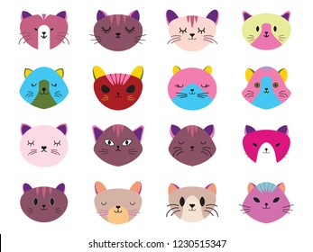 Vector illustration set of cute cats heads.Animals emotions.Facial expressions.